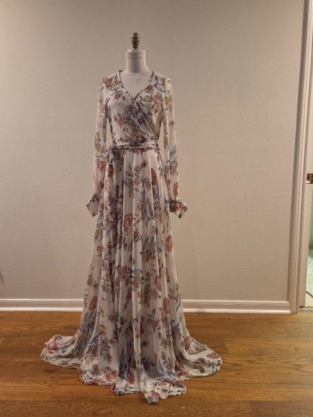 Floral Wrap Maxi Dress Long Sleeve Boho Ruffle Hem